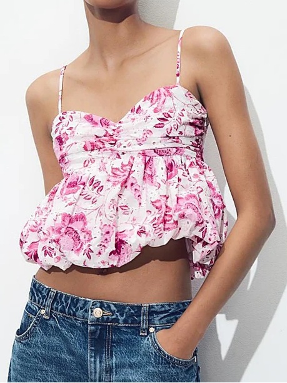 Zara White and Fuchsia Floral Spaghetti Strap Camisole